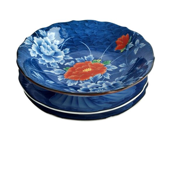 Arita Ware Japanese Porcelain 3 Bowls Blue Cobalt Pottery Floral Designs - Picture 2 of 10